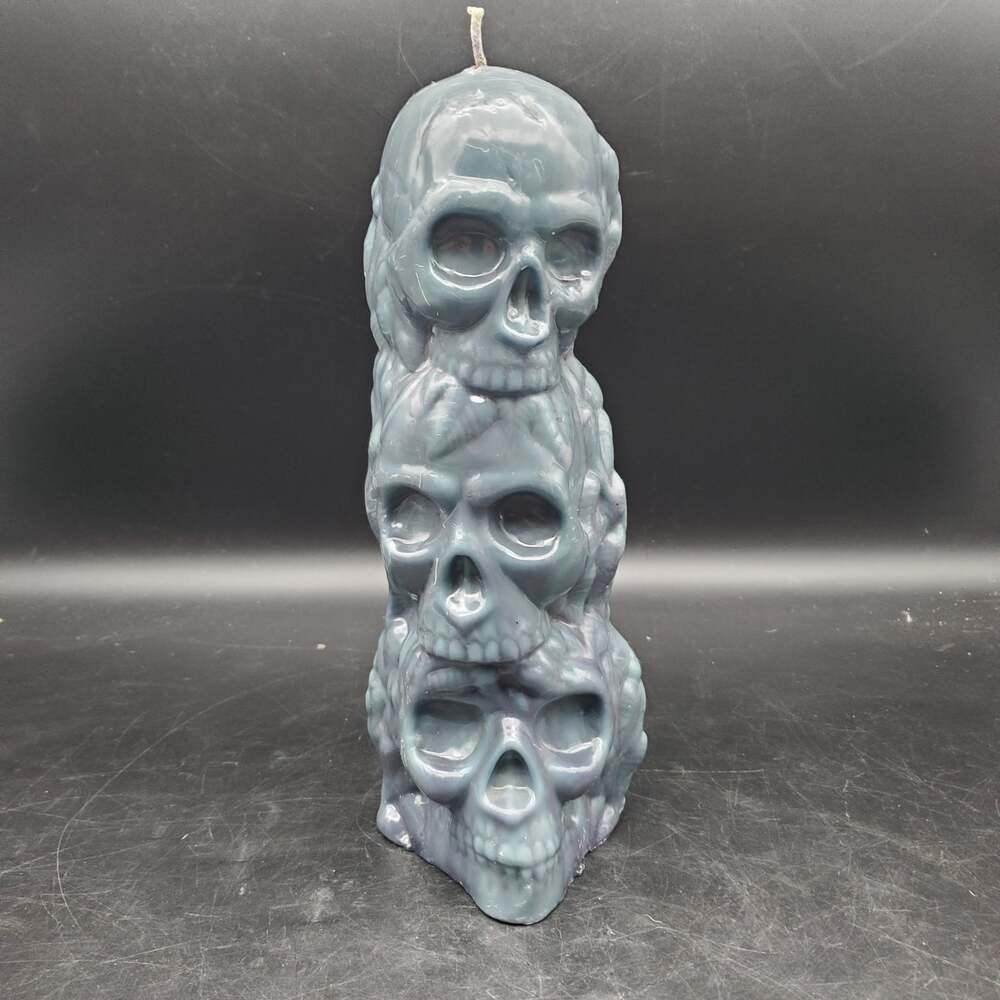 Large Triple Skull Pillar Candle Gothic Halloween Hand Poured Blue Gray Decor